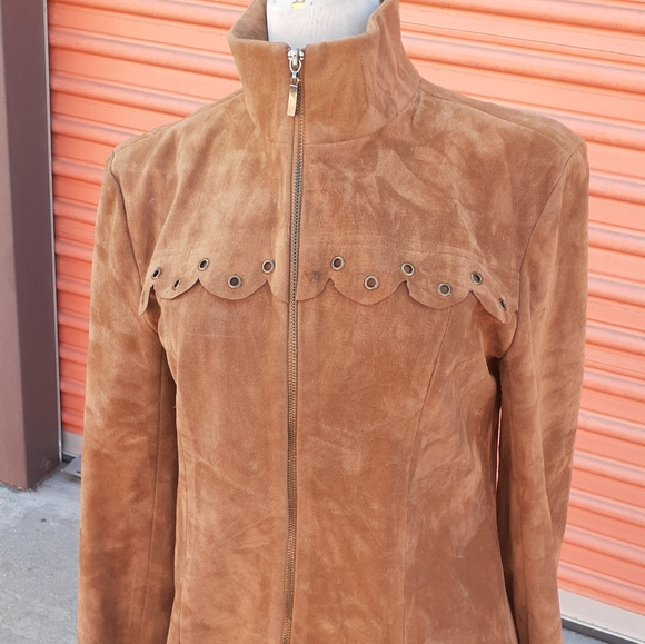 Boho  Tan Suede Zip Front Vtg Sheath Dress Scallop trim Long sleeves , SZ M - Picture 4 of 8